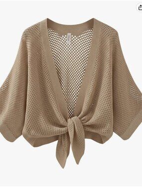NWT Crochet Tie-Front Knit Cardigan Shrug, Size M, Camel